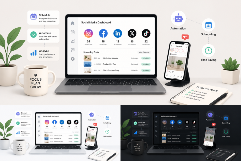 A sleek illustration of a workspace with devices and icons representing social media automation and scheduling tools.