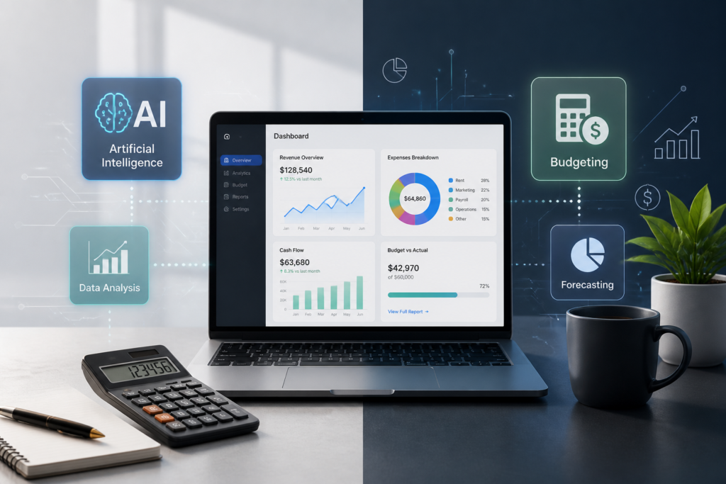 A sleek illustration of a workspace with data charts, a calculator, and AI icons, symbolizing AI cost estimation and budgeting for projects.