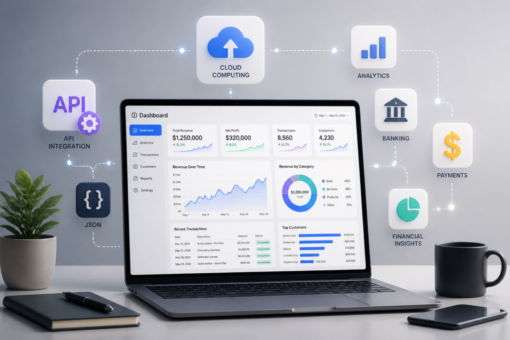 A professional illustration showing a workspace with data visuals and API icons representing AI API cost calculation and budgeting concepts.