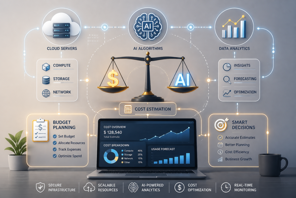 An abstract digital illustration showing AI data flow, cost estimation symbols, and budget planning elements in a modern workspace setting.