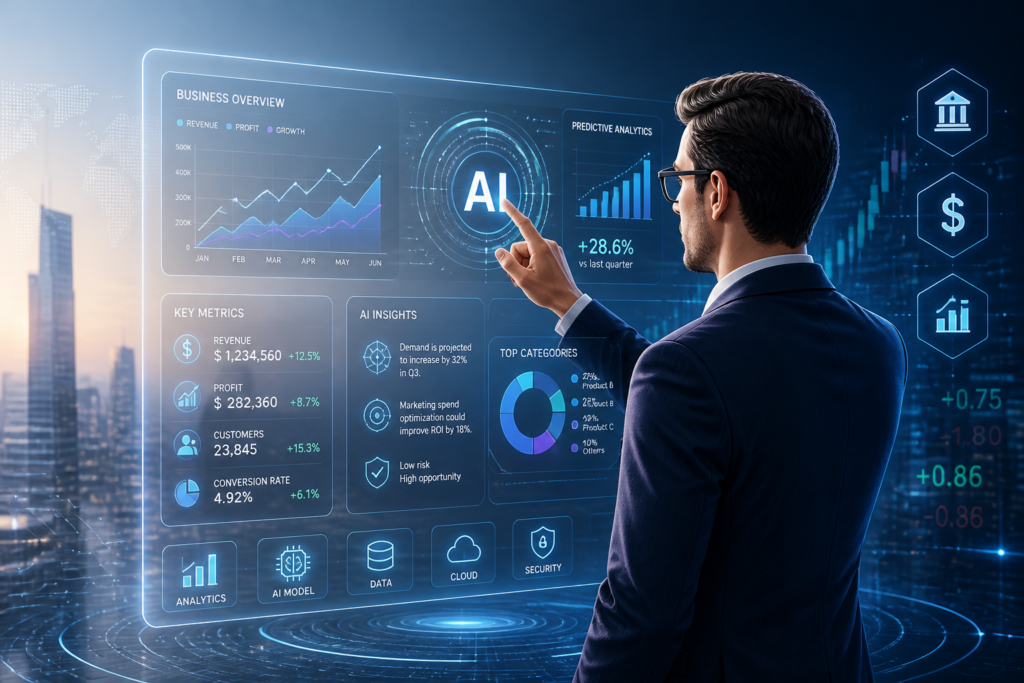 A professional analyzing digital data and AI icons on a futuristic interface representing AI credit estimation and cost planning.