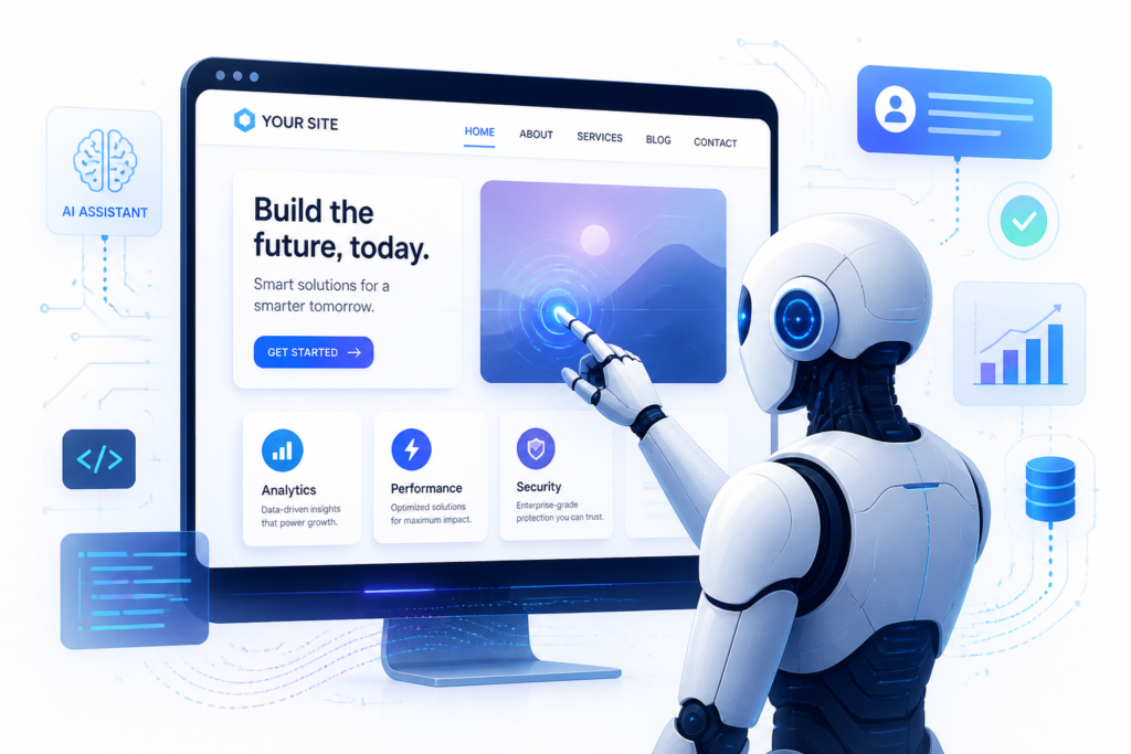 An AI robot interacting with a website interface, symbolizing AI agent plugins for WordPress, with futuristic tech elements in the background.