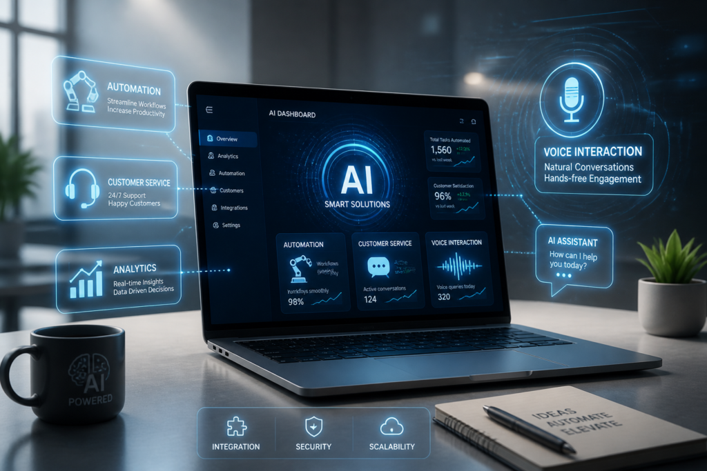 A futuristic digital workspace illustrating AI automation and customer interaction tools for enhancing WordPress sites.