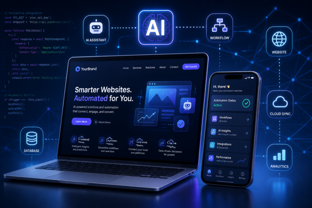 An illustration showing a laptop and smartphone with icons of AI, automation, and connectivity to represent integrating AI tools into a website.