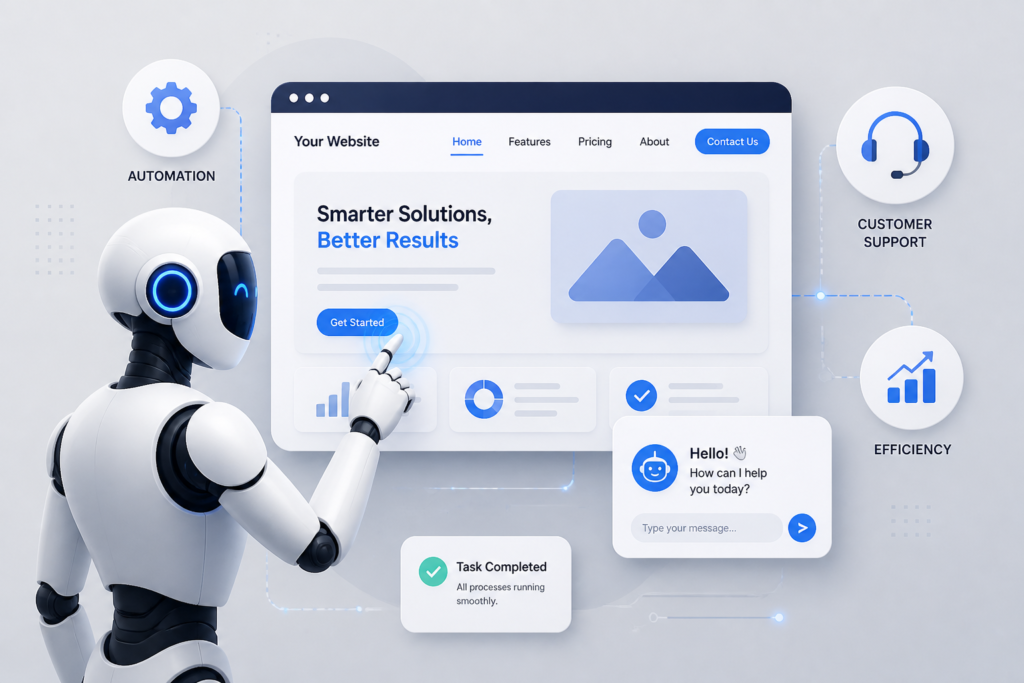 Illustration of a futuristic AI robot engaging with a website interface, symbolizing automation and improved user experience for WordPress sites.