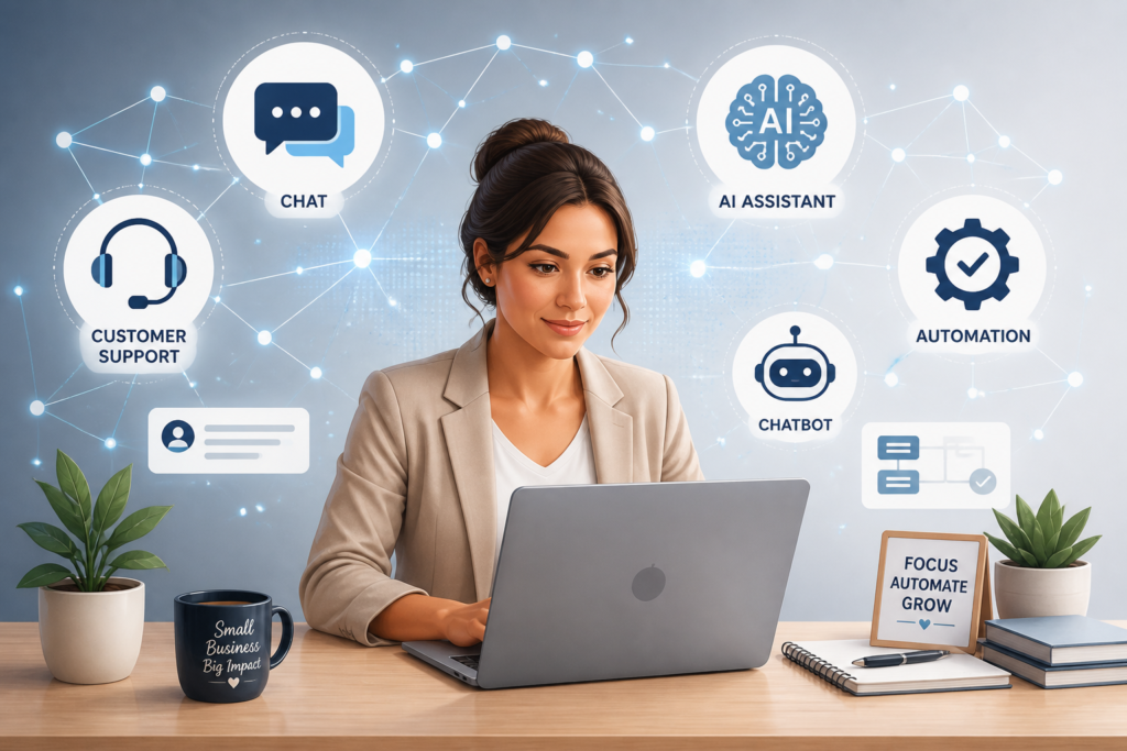 Illustration of a small business owner working at a desk with support and AI icons representing customer service automation and digital support tools.