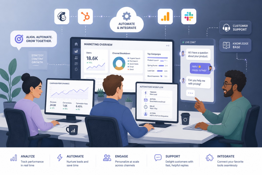 A small marketing team using digital tools with support icons and automation elements to represent effective WordPress support plugin usage.