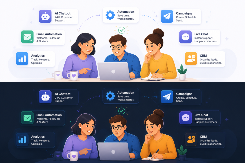 A modern illustration of a small marketing team using digital tools to streamline customer support with automation and support icons floating around.