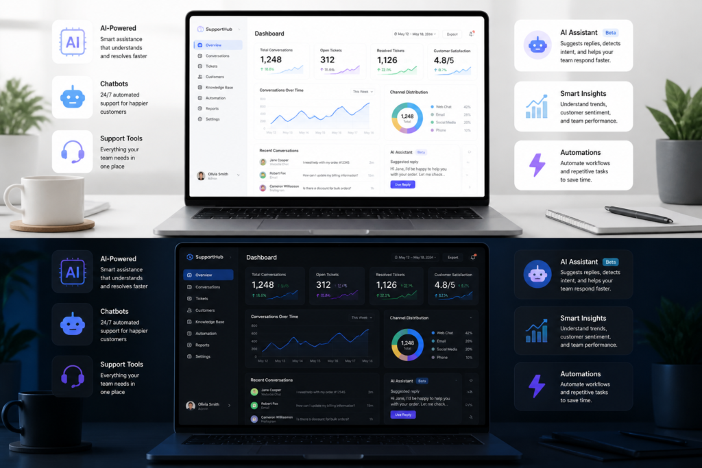 An illustration of a laptop with support dashboards, AI icons, and chat symbols on a modern workspace, representing WordPress support tools.