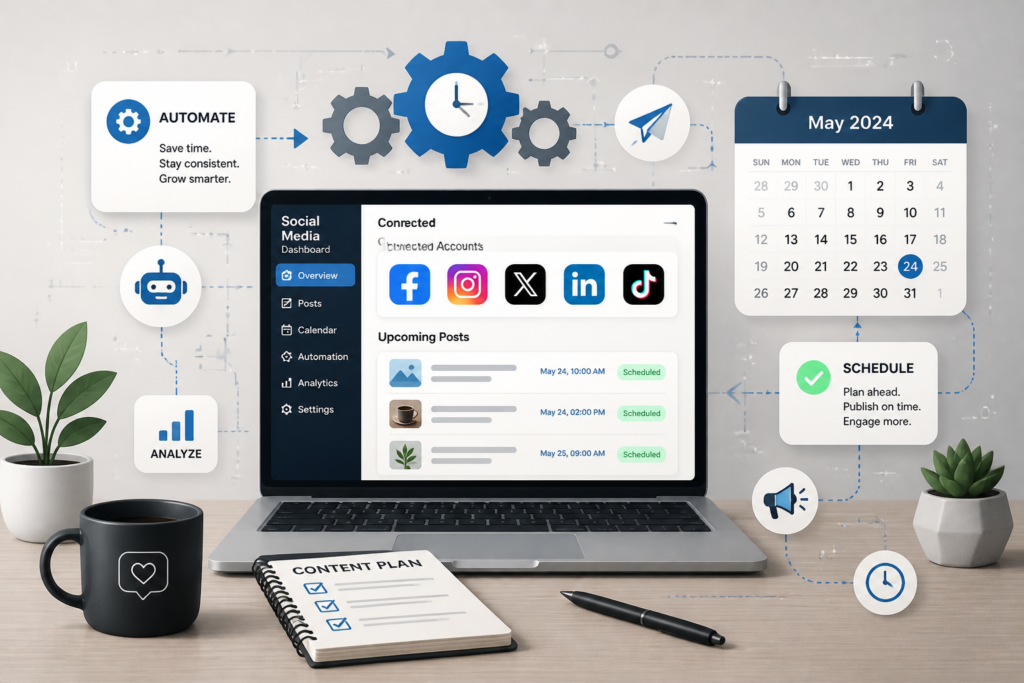 Illustration of a workspace with social media icons, gears, and scheduling symbols representing Instagram automation plugins for WordPress.