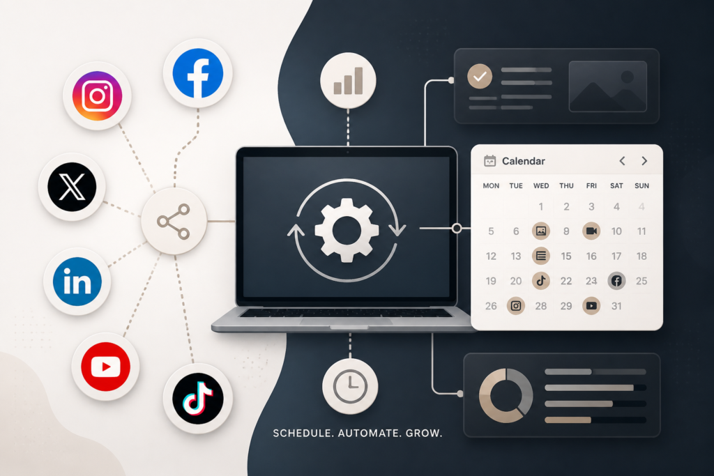 A modern, neutral-toned illustration of interconnected social media icons, a laptop with automation gears, and a scheduling calendar representing social media automation.