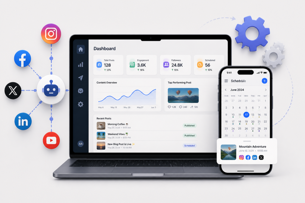 An illustration of a computer and smartphone with social media icons and automation symbols, representing WordPress Instagram automation tools.