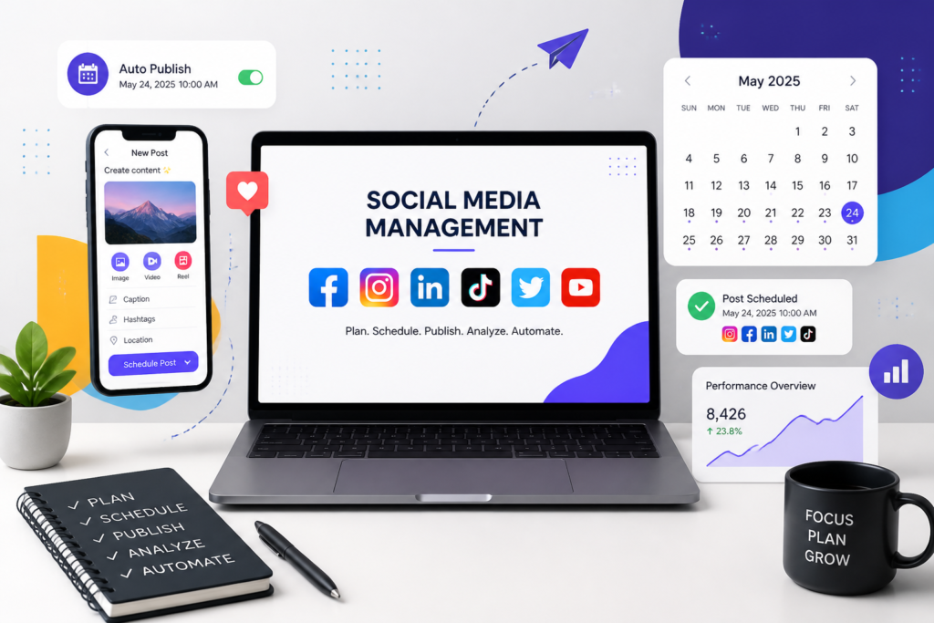 A sleek workspace with a laptop and digital icons representing social media automation and scheduling tools for effortless content posting.