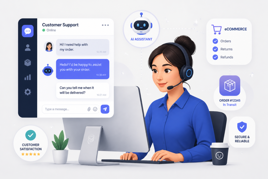 An illustration of a support agent engaging with digital chat and AI tools, symbolizing WooCommerce customer support apps and efficient communication.