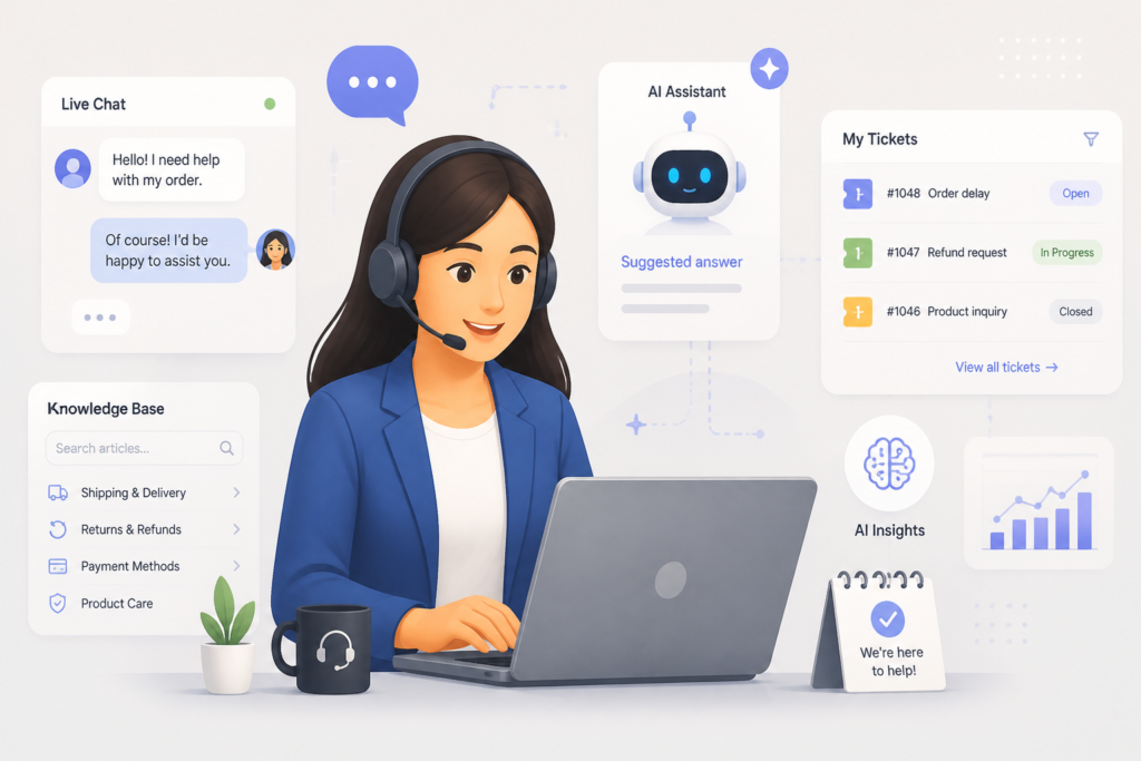 An illustration of a customer support agent managing tickets and chats with AI elements, representing WooCommerce helpdesk solutions visually.