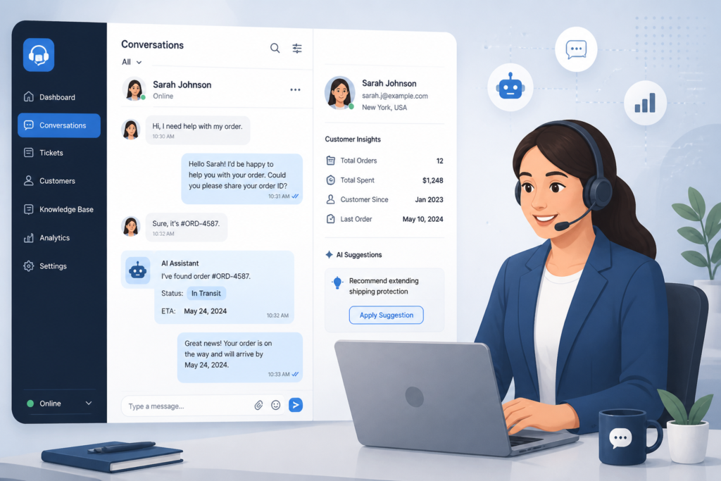 Illustration of a support agent engaging with a digital chat interface, representing efficient WooCommerce customer support with AI tools.