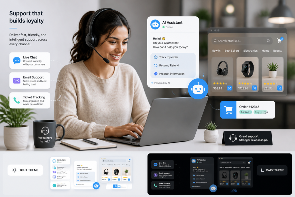 An illustration of a customer support agent working at a desk with digital icons representing helpdesk tools and eCommerce elements in the background.