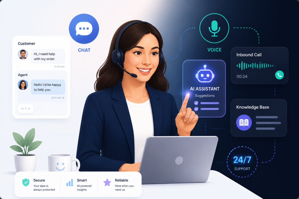 An illustration of a customer support agent with digital icons representing chat, voice, and AI, highlighting seamless online customer service.