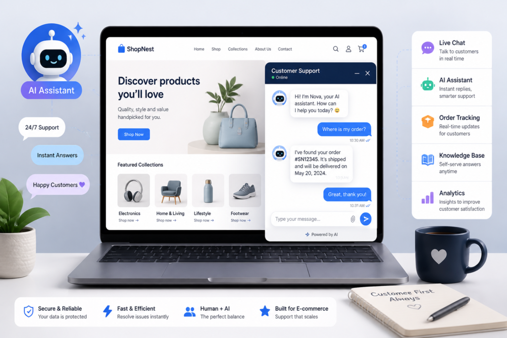 A sleek illustration of a laptop with support icons and AI elements representing WooCommerce customer support plugins.