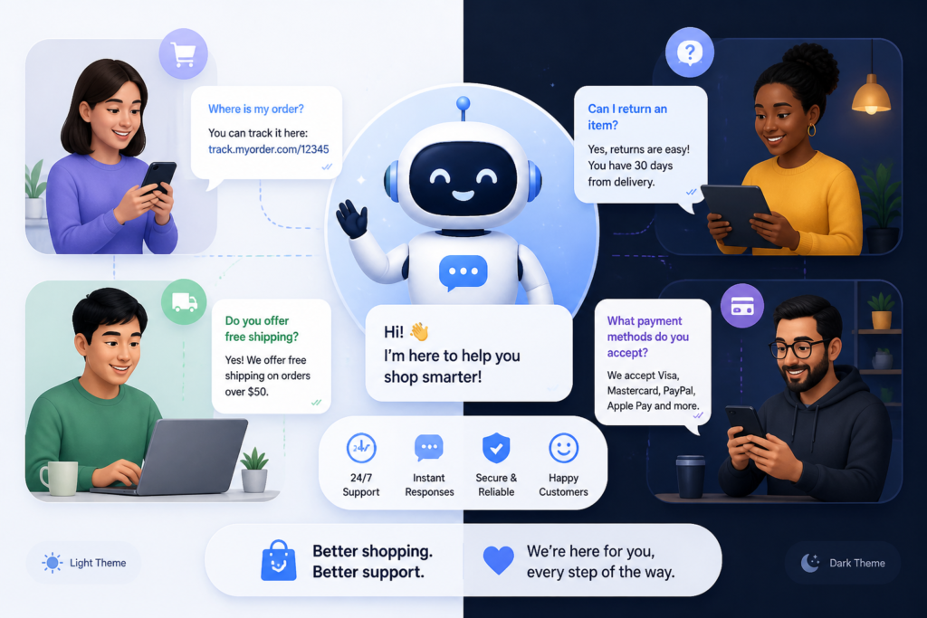 Illustration of a friendly AI chatbot assisting customers across devices, representing efficient WooCommerce support plugins.