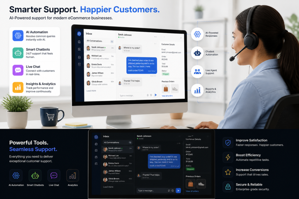 Illustration of a customer support scene with AI chatbots, support tools, and a support agent in a modern eCommerce setting, emphasizing automation and customer service.
