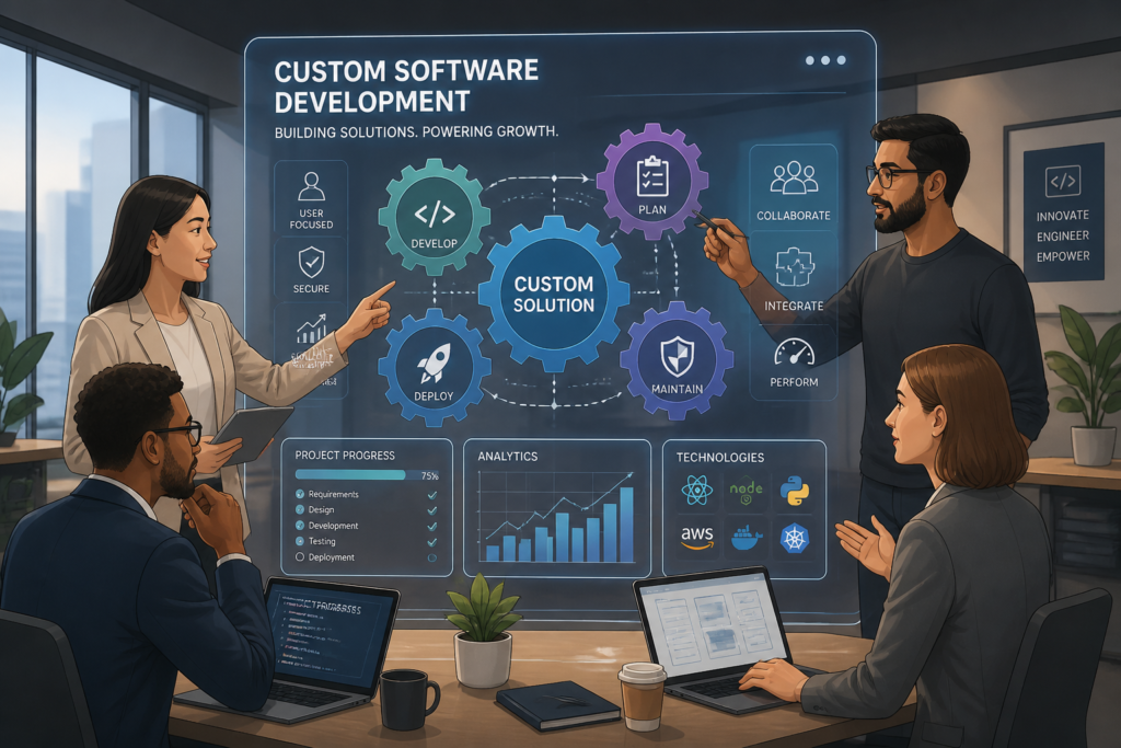 A professional illustration showing business team collaborating with digital gears and icons representing custom software solutions in a modern office setting.