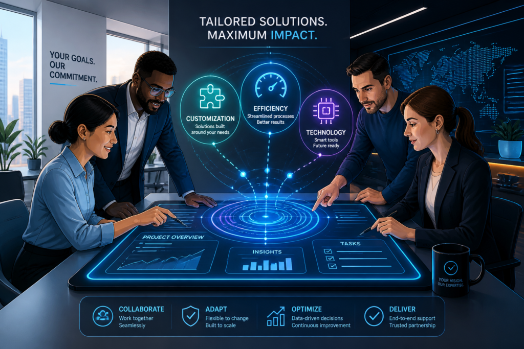 An illustration of a diverse team collaborating over a digital interface, symbolizing custom software development and business efficiency.