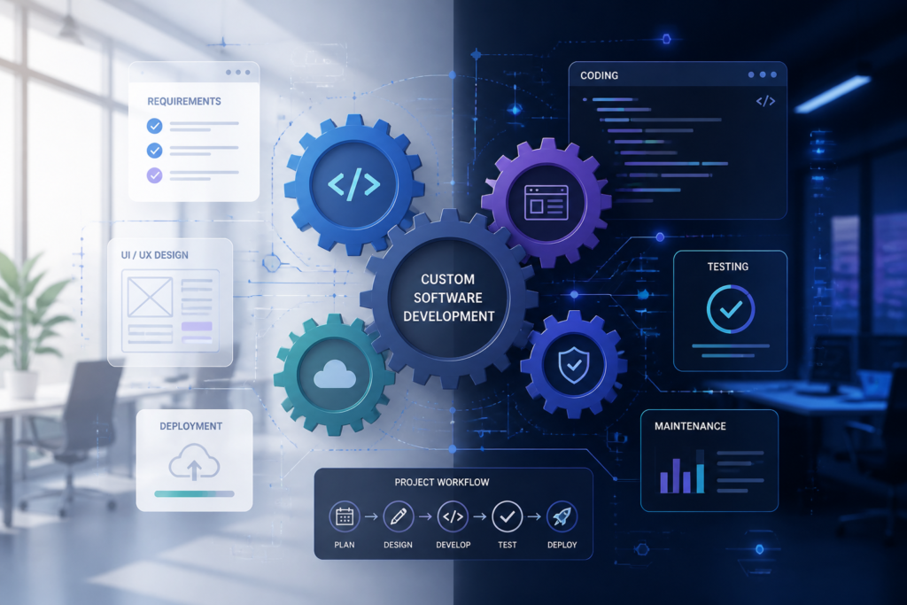 Illustration of interconnected gears and digital interfaces symbolizing custom software development for business growth.