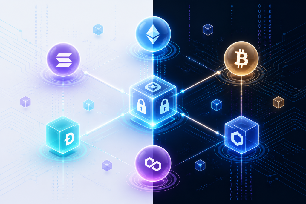 A futuristic digital environment with interconnected glowing tokens symbolizing AI token management and data security.
