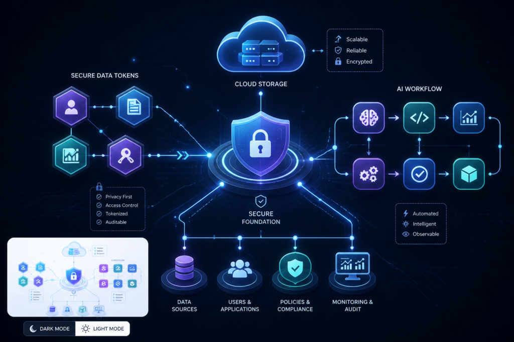 An illustration of interconnected digital tokens and secure data flows representing AI token management and data security.
